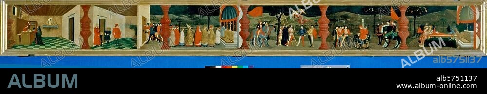 PAOLO UCCELLO. Uccello, Paolo (Paolo di Dono, dit). vers 1397 - 1475. "Le Miracle de l'hostie", 1465-69. Huile sur bois, H. 0,42; L. 3,51. Urbino, Galleria Nazionale delle Marche.