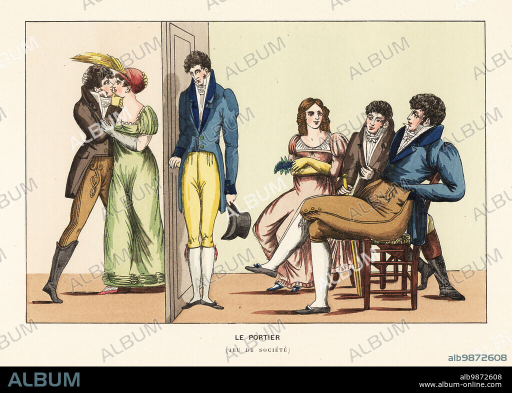 Party goers playing the kissing game, Convent Porter. A Regency dandy guards the door to a closet where men and women take turns to secretly kiss. Le Portier de la Couvent. Jeu de Societe. Handcoloured lithograph from Henry Rene dAllemagnes Recreations et Passe-Temps, Games and Pastimes, Hachette, Paris, 1906.