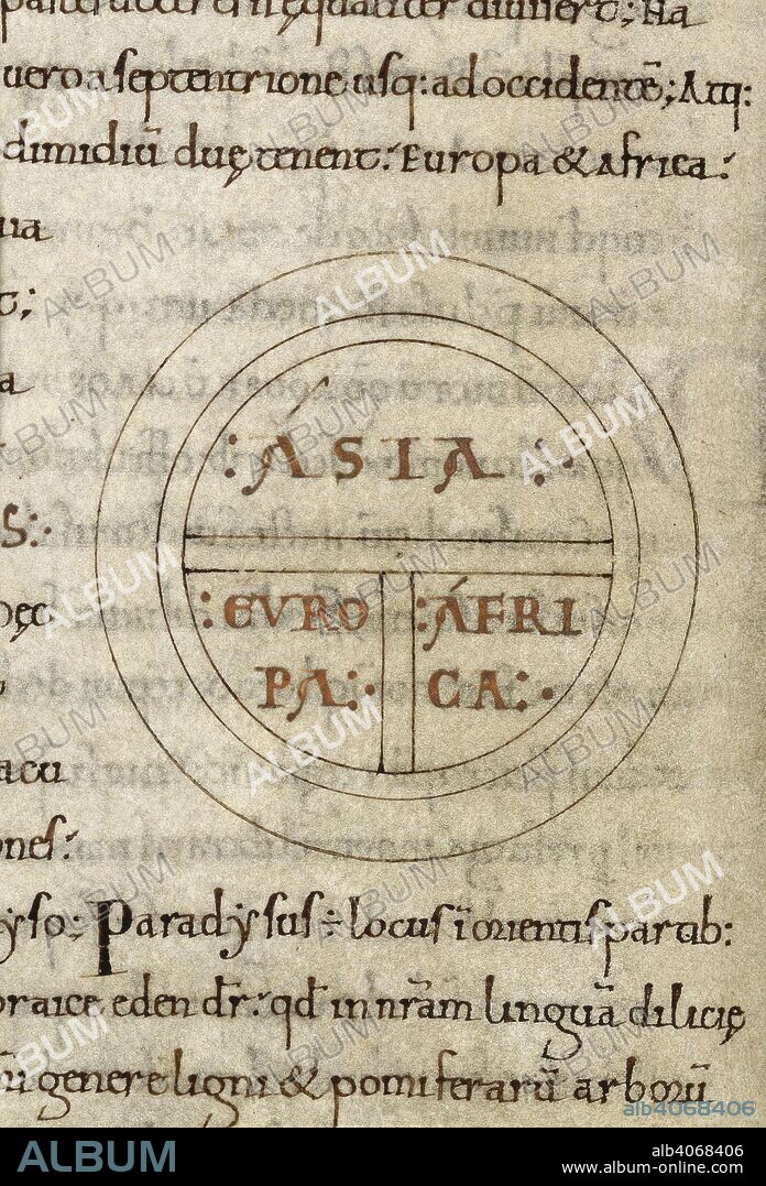 ISIDORE, SAINT, BISHOP OF SEVILLE. Diagrammatic T-O map. The world portrayed as a circle divided by a 'T' shape into three continents, Asia, Europe and Africa. Etymologies. 11th century. Source: Royal 6 C. I, f.108v. Language: Latin.