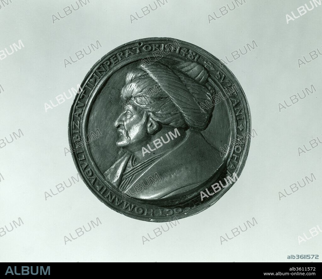 Medal:  Sultan Mehmed II. Artist: Costanzo da Ferrara (Italian, Venice ca. 1450-after 1524 Naples (?)). Dimensions: Diam. 11.5 cm, wt. 450.64 g.. Date: model 1481 (old aftercast).
Costanzo  da Ferrara was both a painter and a medalist who was primarily active in Naples. Costanzo was called to Istanbul to paint a portrait of the Sultan Mehmed II of Turkey (1430-1481) probably between 1475-1478 when diplomatic relations were restored following the Turkish attack on Negroponte. It is likely that Costanzo remained at the court until the Sultan's death in 1481, when this medal was produced. The reverse shows the subject on horseack. The work is a fine old aftercast of the 1481 version of Costanzo's original medal of 1477- 80; it was possibly cast after a reworked and polished lead original. Note the unusual spelling of ETERETIE, which should be ET GRETIE.