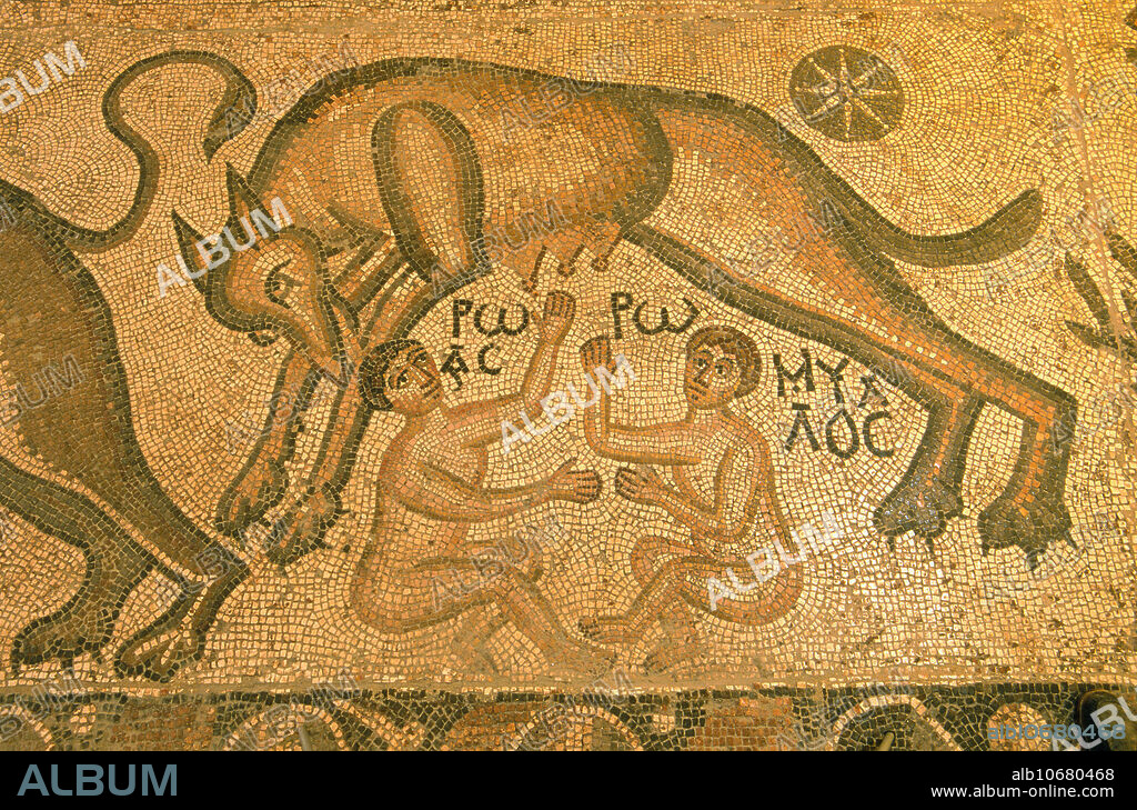 Roman mosaic depicting Remus and Romulus from the ancient city of Apamea; now in the Caravanserai Museum, Syria.