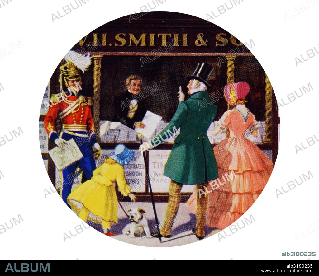 Coloured illustration marking the Century old W. H. Smith & Son's railway bookstall at Euston Station, London. Dated 1948.