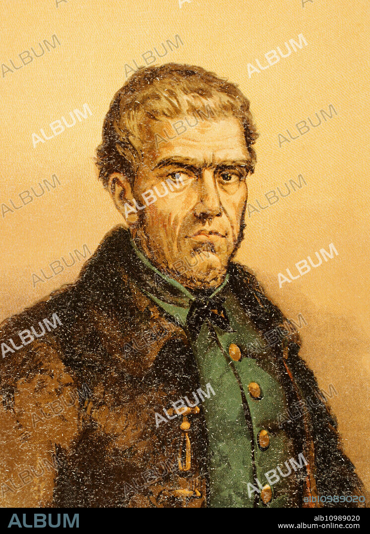 Jerónimo Merino Cob, known as "el Cura Merino" (The Priest Merino) (1769-1844). Spanish priest and guerrilla fighter during the Spanish War of Independence. He fought on the side of the pretender Don Carlos during the Carlist War. Portrait. Chromolithography. "Historia de la guerra civil y de los partidos liberal y carlista" (History of the Civil War and the Liberal and Carlist parties), by Antonio Pirala. Volume I. Madrid, 1889.