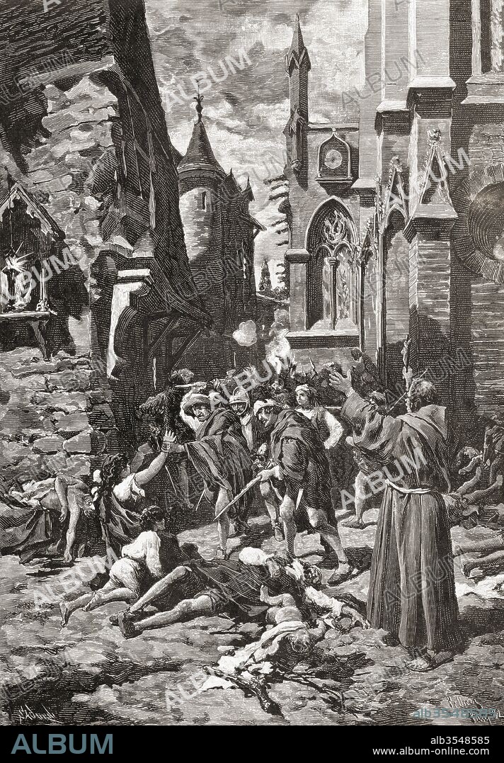 The St. Bartholomew's Day massacre in Paris, France in 1572, a targeted group of assassinations and a wave of Catholic mob violence, directed against the Huguenots (French Calvinist Protestants) during the French Wars of Religion. After a 19th century print.