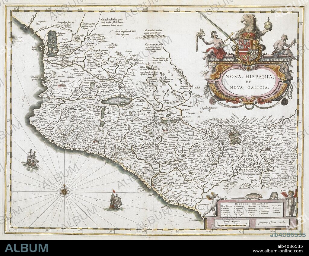 A map of New Spain and New Galicia. NOVA HISPANIA, ET NOVA GALICIA. [Amsterdam] : [Willem Janszoon Blaeu], [between 1634 and about 1670.]. Copperplate engraving, original hand colour. Source: Maps K.Top.122.102. Language: Latin.