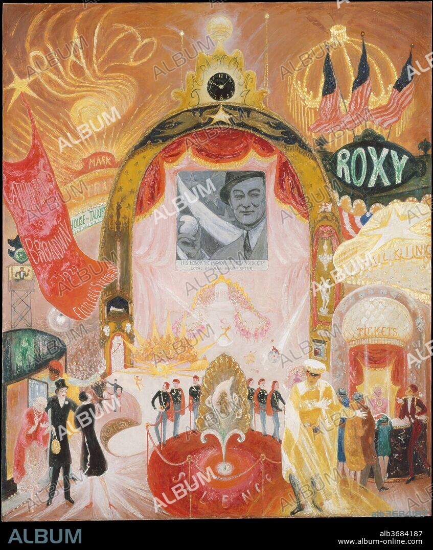 The Cathedrals of Broadway. Artist: Florine Stettheimer (American, Rochester, New York 1871-1944 New York, New York). Dimensions: 60 1/8 x 50 1/8 in. (152.7 x 127.3 cm). Date: 1929.
The Cathedrals of Broadway captures the magical atmosphere of neon-lit theaters, which offered films as well as live performances. As the United States entered the Great Depression, many Americans turned to the world of entertainment to escape reality. Here, New York's mayor Jimmy Walker throws out the first pitch of the baseball season in a cinema newsreel. An elaborate stage show takes place below the screen, while the names of famous theaters glow around the central proscenium arch. Stettheimer gives little hint of the harsh conditions that confronted many New Yorkers in the 1930s.