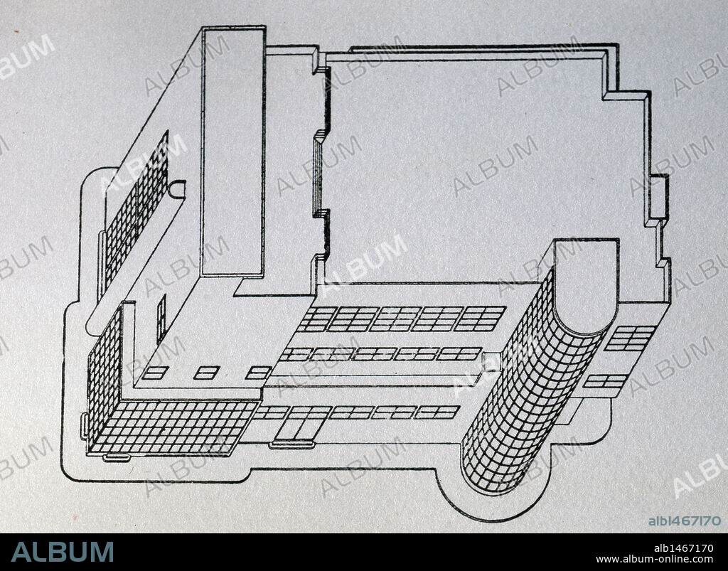 Perspectiva arquitectónica de un edificio. Diseño del arquitecto racionalista italiano Alberto Sartoris (1901-1998) para la conferencia en la "Segunda Semana de Arte de Santillana del Mar", 1950. Biblioteca de la Universidad de Barcelona, Cataluña, España.