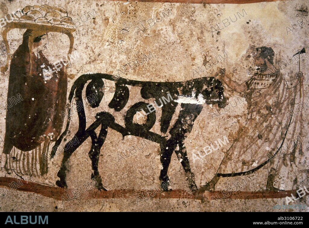 TUMBA LUCANIANA. Detalle de una pintura de estilo griego con influencia itálica fechada en el siglo IV a. C. con la representación de un cortejo fúnebre. Tumba 47A. Museo Arqueológico de Paestum. Italia.
