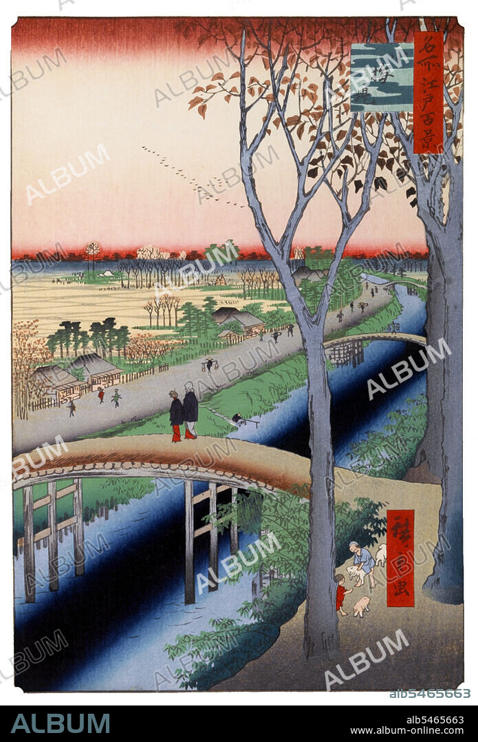 Hiroshige's One Hundred Famous Views of Edo, actually composed of 118 woodblock landscape and genre scenes of mid-19th century Tokyo, is one of the greatest achievements of Japanese art. The series includes many of Hiroshige's most famous prints. It represents a celebration of the style and world of Japan's finest cultural flowering at the end of the Tokugawa Shogunate. The winter group, numbers 99 through 118, begins with a scene of Kinryuzan Temple at Akasaka, with a red-on-white color scheme that is reserved for propitious occasions. Snow immediately signals the season and is depicted with particular skill: individual snowflakes drift through the gray sky, while below, on the roof of a distant temple, dots of snow are embossed for visual effect. Utagawa Hiroshige (1797 October 12, 1858) was a Japanese ukiyo-e artist, and one of the last great artists in that tradition. He was also referred to as Andi Hiroshige (an irregular combination of family name and art name) and by the art name of Ichiyusai Hiroshige.