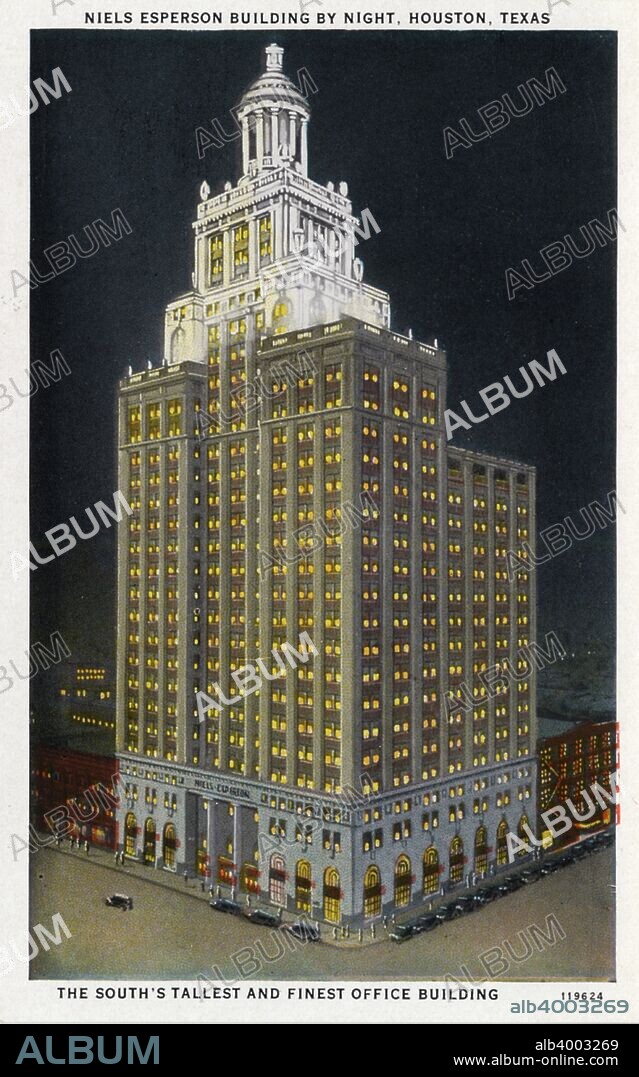 Niels Esperson Building at night, Houston, Texas, USA, 1928. Vintage postcard showing the exterior of the Italian Renaissance style Niels Esperson Building. Built in 1927, It was designed by John Eberson. The postcard describes the skyscraper as the South's tallest and finest office building.