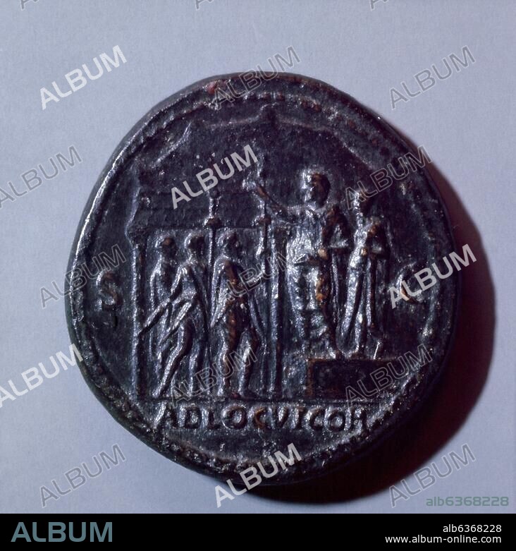 Coin of Nero, reverse side. It shows Nero addressing the cohorts of the Praetorian Guard, accompanied by one of his prefects, Tigellinus or Faenius Rufus. Images such as this were a deliberate attempt to influence public opinion by associating Nero with m (..).
