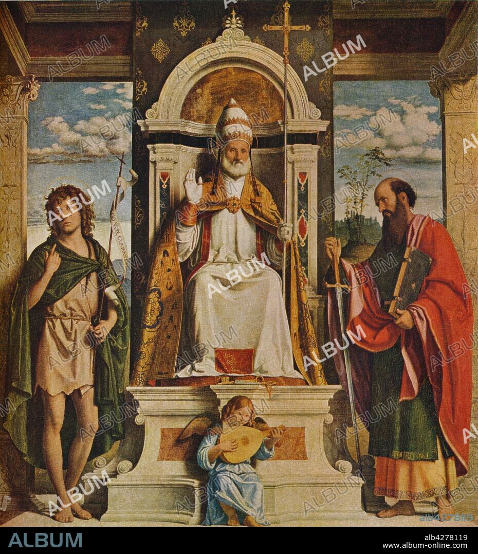 GIOVANNI BATTISTA CIMA DA CONEGLIANO. 'St. Peter Enthroned with St. John the Baptist and St. Paul', 1515-1516, (1930). Saint Peter, the Catholic Church's first pope, wearing the papal tiara, and fisherman's ring, indicator of his humble origins. The Baptist holds a crucifix with a banner reading 'Ego Sum Vox Clamantis in Deserto' (I am the Voice crying in the Wilderness). St Paul holds a sword and a book containing his epistles in the New Testament. Painting in the Pinacoteca di Brera, Milan, Italy. From "The Connoisseur", Volume 86, edited by C. Reginald Grundy. [The Connoisseur Ltd, London, 1930].