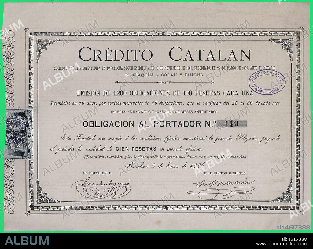 Obligación al portador de 100 pesetas cada una emitida por Crédito Catalán S.A. Barcelona, 2 de enero de 1886.