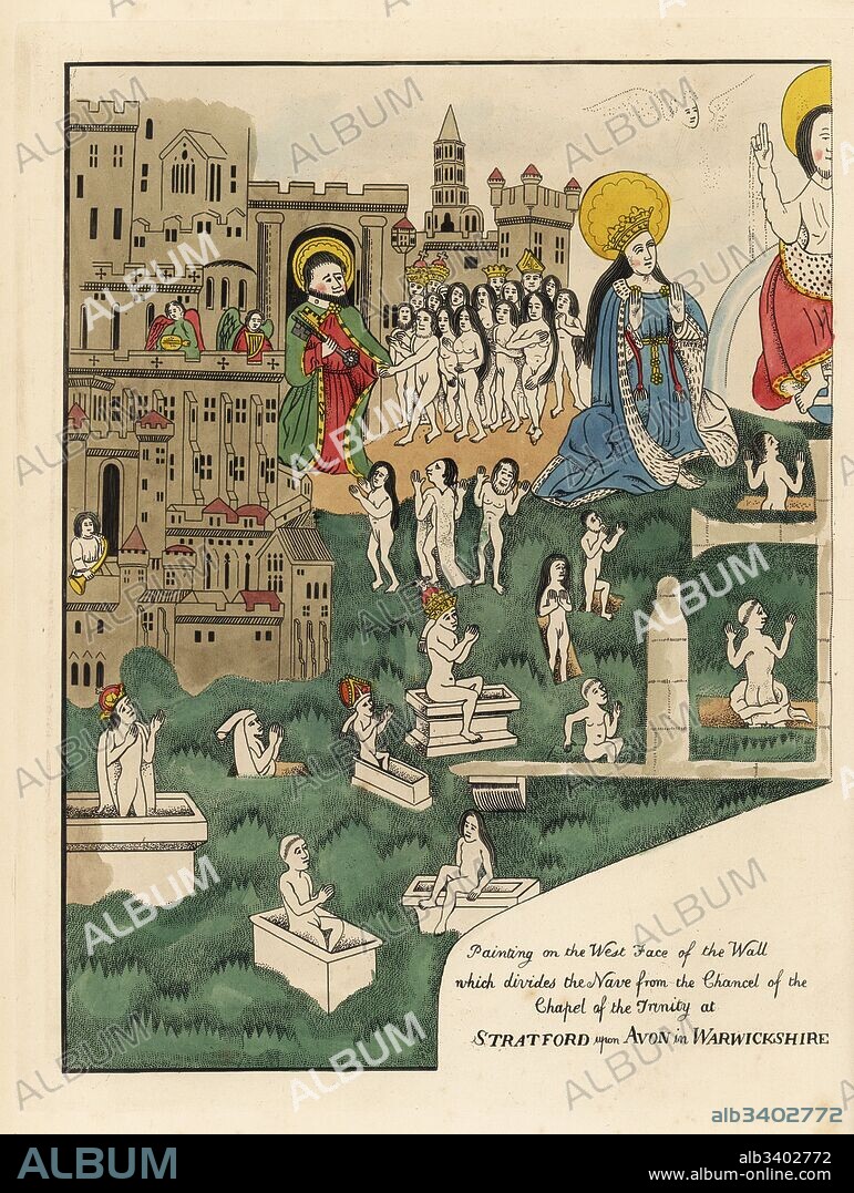 God on the Day of Judgment with the Virgin Mary watching kings, popes and monks emerging from tombs to enter the mansion of Heaven, where Saint Peter stands with a giant key. Handcoloured etching drawn and etched by Thomas Fisher from his Paintings on the Walls of the Chapel of the Trinity, Stratford upon Avon, 1808.