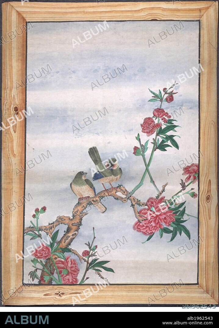 Two birds. '7 drawings of birds, flowers and insects, with wo. 1875 - 1900. Two birds sitting on the same branch of a red flowered tree.  Image taken from '7 drawings of birds, flowers and insects, with wooden frames painted round the images. From the Hastings Albums'. .  Originally published/produced in 1875 - 1900. . Source: Add.Or.5215 (5215-5221),. Language: Chinese.