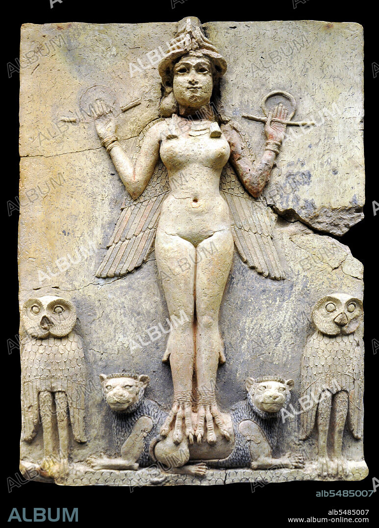 The Burney Relief (also known as the Queen of the Night relief) is a Mesopotamian terracotta plaque in high relief of the Isin-Larsa- or Old-Babylonian period, depicting a winged, nude, goddess-like figure with bird's talons, flanked by owls, and perched upon supine lions. The relief is displayed in the British Museum in London, which has dated it between 1800 and 1750 BCE. It originates from southern Iraq, but the exact find-site is unknown. Apart from its distinctive iconography, the piece is noted for its high relief and relatively large size, which suggests that is was used as a cult relief, which makes it a very rare survival from the period. The relief depicts a naked female figure with tapering feathered wings and talons, standing with her legs together; shown full frontal, wearing a headdress consisting of four pairs of horns topped by a disc; wearing an elaborate necklace and bracelets on each wrist; holding her hands to the level of her shoulders with a rod and ring in each; figure supported by a pair of addorsed lions above a scale-pattern representing mountains or hilly ground, and flanked by a pair of standing owls.