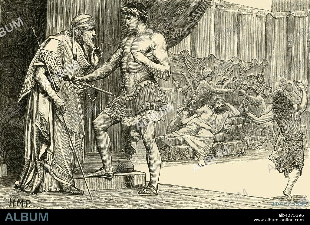 'Theseus and Aegeus', 1890. in Greek mythology, Aegeus was king of Athens and the father of Theseus, who may have existed as a real person c8th century BC. From "Cassell's Illustrated Universal History, Vol. I - Early and Greek History", by Edmund Ollier. [Cassell and Company, Limited, London, Paris and Melbourne, 1890].