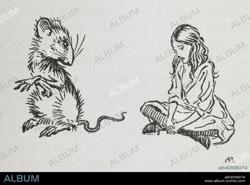 ARTHUR RACKHAM y LEWIS PSEUD. [I. E. CHARLES LUTWIDGE DODGSON] CARROLL. Alice and the Mouse. Alice's Adventures in Wonderland Illustrated by Arthur Rackham. With a proem by Austin Dobson. L.P.. pp. xi. 161. William Heinemann: London; Doubleday, Page & Co.: New York, [1907.]. Source: K.T.C.105.b.1 page 30 detail.