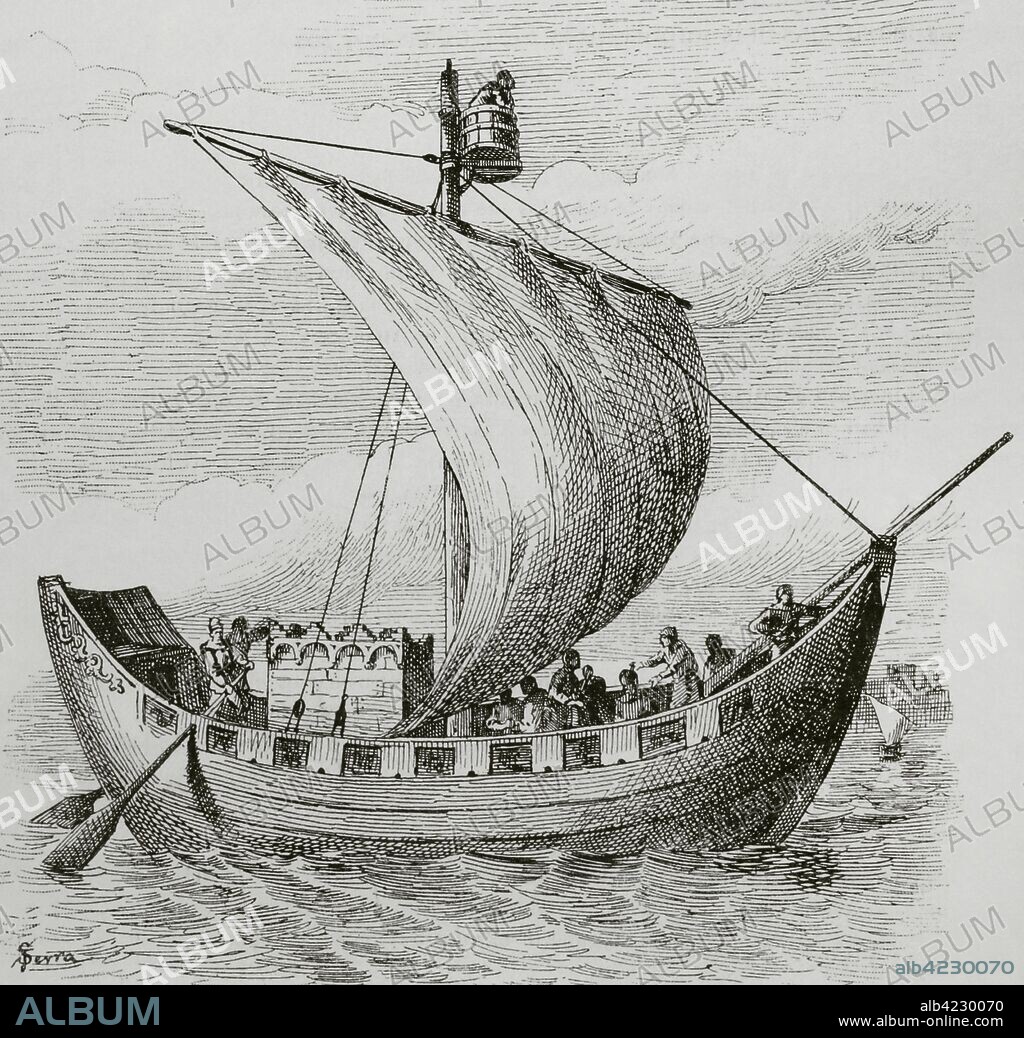 Nave de los siglos XI y XII. Grabado. "Museo Militar del Ejército Español", Tomo I. Evaristo Ullastres Editor. Barcelona, 1883. Biblioteca Histórico Militar de Barcelona, Cataluña, España.