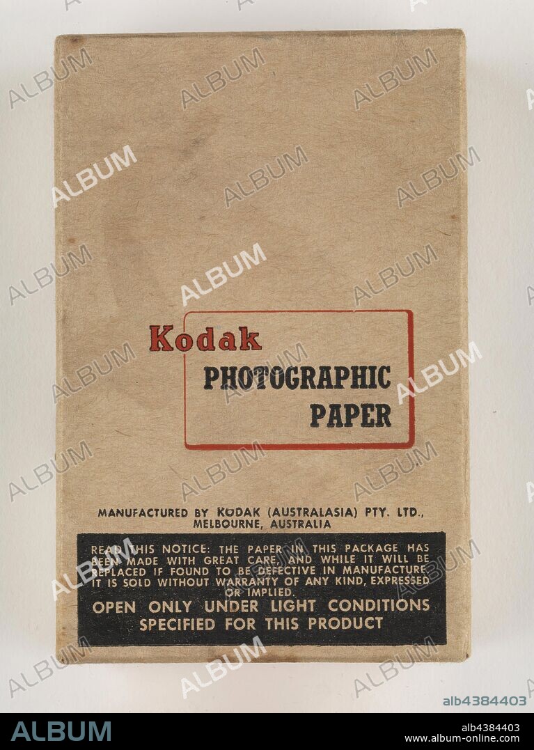 Photographic Paper - Kodak Australasia Pty Ltd, 'Velox Single Weight F.2', circa 1940s, Opened box of Kodak Photographic Paper, 'Velox Single Weight F.2', 100 white glossy smooth sheets for negatives of normal contrast, 4 1/2 x 2 3/4 inches, manufactured by Kodak Australasia Pty Ltd, Abbotsford, Melbourne, circa 1940s. It is part of the Kodak collection of products, promotional materials, photographs and working life artefacts.
