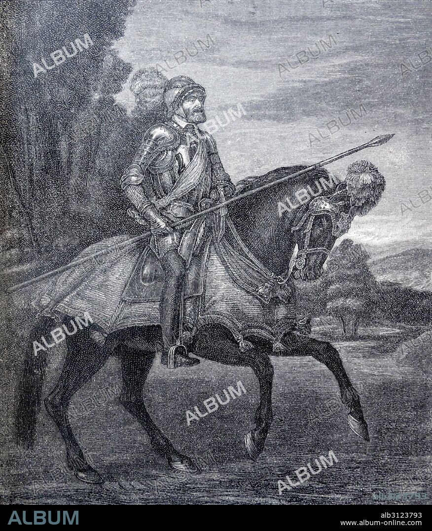 Charles V also known as Charles I (Carlos I) (1500 – 1558), King of Spain and Emperor of the Spanish Empire from 1516. Later, as Charles V he was ruler of the Holy Roman Empire from 1519 until 1556. Charles V on Horseback in Mühlberg by Titian, 1548.