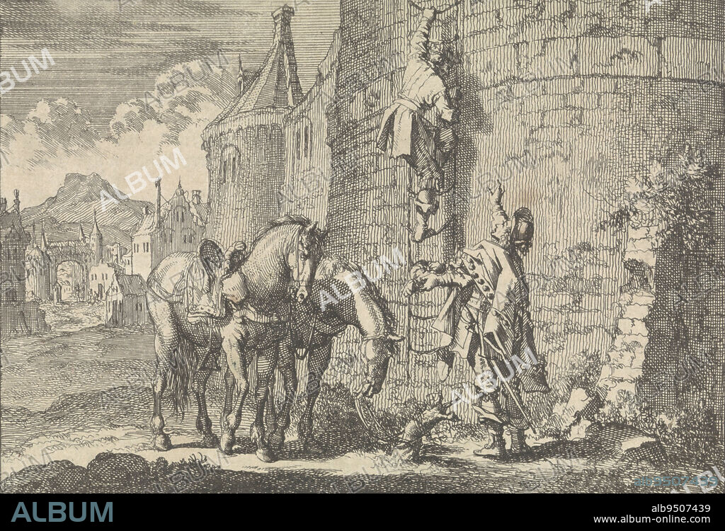 Hans Georg von Arnim-Boitzenburg escapes with a rope ladder from Stockholm prison, 1637, print maker: Jan Luyken, publisher: Pieter van der Aa (I), print maker: Amsterdam, publisher: Leiden, 1698, paper, etching, letterpress printing, h 111 mm × w 158 mm.