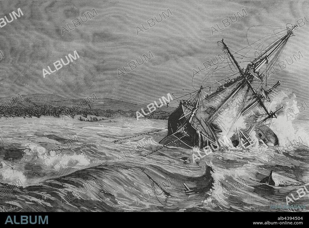 TOMÁS CARLOS CAPUZ (1834-1899). SPANISH ENGRAVER. RAFAEL MONLEÓN Y TORRES (1843-1900). SPANISH ARTIST.. Gravina (1882). Crucero de casco de hierro, sin blindaje. Naufragio del crucero español "Gravina" durante su trayecto de Manila a Shangái, el 10 de julio de 1884 a causa de un tifón en la isla de Fuga, del archipiélago de Babuyan, cuando enfilaba el estrecho de Formosa en la bahía de Musa, al norte de Luzón (Filipinas). Gran parte de la dotación pudo salvarse gracias a la heroica acción del médico de la Armada Eugenio Fernández Valdés, que logró llevar a tierra un cable y afirmarlo, después de que habían fracasado y muerto en el intento varios oficiales. El navío estaba al mando del capitán de fragata José García de Quesada. Salvamento de la tripulación por medio del cable llevado a tierra. Dibujo de Rafael Monleón. Grabado por Tomás Carlos Capuz (1834-1899). La Ilustración Española y Americana, 22 de septiembre de 1884.