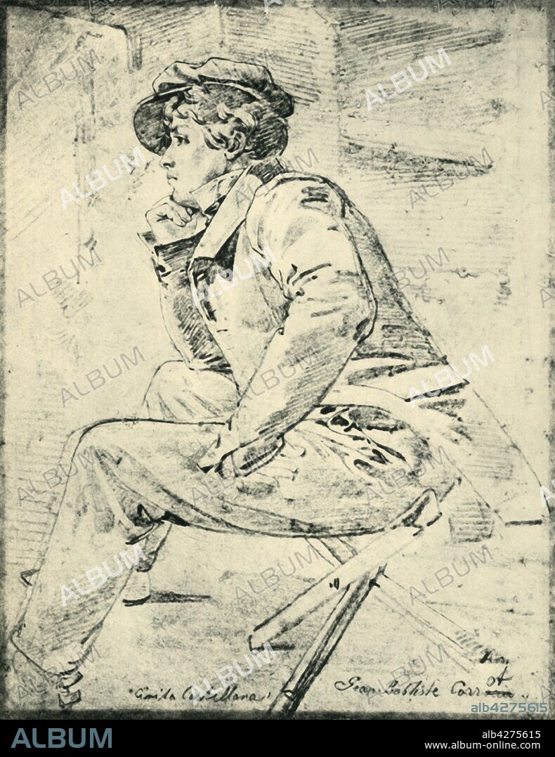 ERNST FRIES. Camille Corot, 1826, (1943). Portrait of the French painter Jean-Baptiste-Camille Corot (1796-1875). Drawing in the Staatliche Kunstsammlungen Dresden, Germany. From "Europäische Handzeichnungen", (Five Hundred Years of European Drawings), by Bernhard Degenhart. [Atlantis-Verlag Berlin, Zürich, 1943].