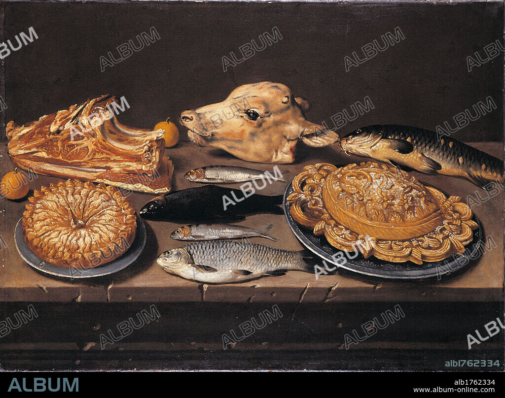 Still Life Ox Head, Sweets and Fishes, by Giacomo Ceruti know as