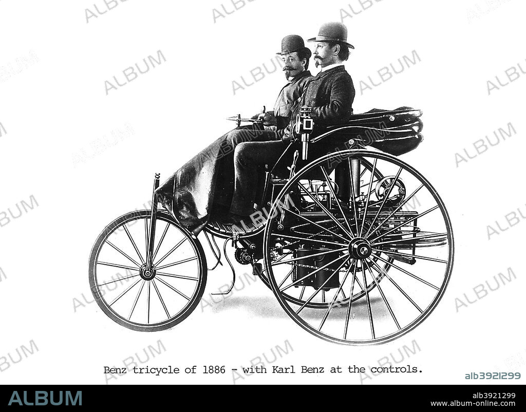 Three-wheeled Benz motor car, 1886. Karl Benz (1844-1929), German engineer and car manufacturer, at the controls. In 1886 Benz demonstrated this, the first automobile powered by an internal combustion engine, a car that he had designed and built himself. Benz did not add a fourth wheel to the design until 1893.