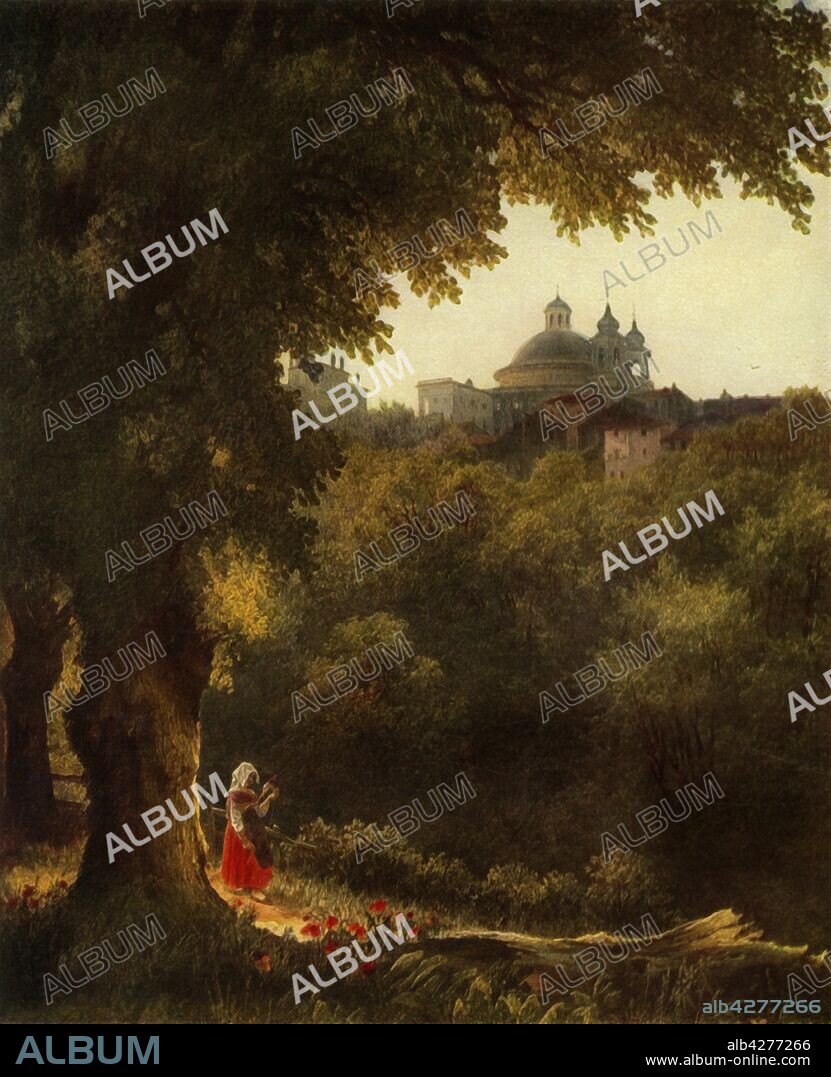 MIKHAIL LEBEDEV. 'View of Arricio near Rome', 1830s, (1965). Italian landscape at Ariccia, with a church in the distance. From "Russian Painting of the 18th and 19th Centuries" by Vladimir Fiala. [Artia, Czechoslovakia, 1965].