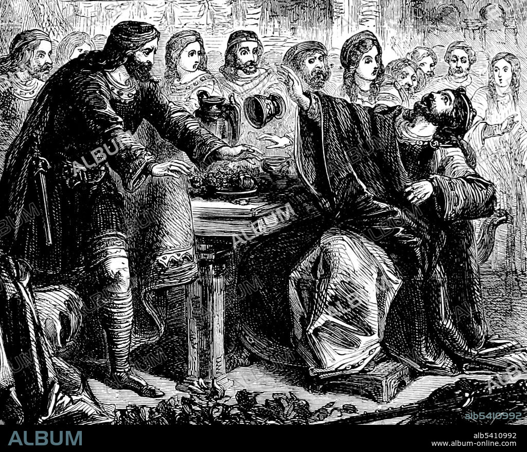 Harthacnut (1018 - June 8, 1042) was King of Denmark (1035-42) and King of England (1040-42). He was the son of King Cnut the Great. When Cnut died in 1035, Harthacnut struggled to retain his father's possessions. Magnus I took control of Norway, but Harthacnut succeeded as King of Denmark and became King of England in 1040 after the death of his half-brother Harold Harefoot. In 1042, Harthacnut attended a wedding in Lambeth where he presumably consumed large quantities of alcohol. As he was drinking to the health of the bride, he suddenly fell to the earth with an awful convulsion. The likely cause of death was a stroke. Cassell's Illustrated History of England, 1865 (cropped and cleaned).
