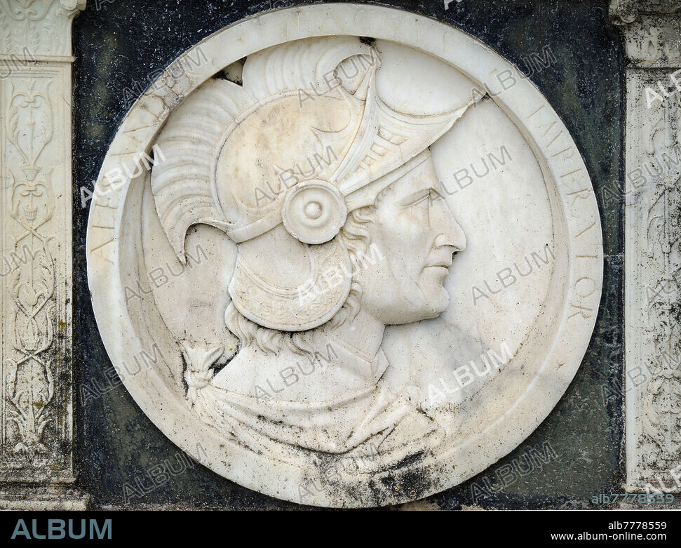 ALESSANDRO Magno (20 or 21 July 356 BC - 10 or 11 June 323 BC), military and king of Macedonia of the Argeadi dynasty starting from 336 BC, succeeding his father Philip II. Endowed with unparalleled military and diplomatic intelligence, courage and charisma, in just 12 years he succeeded in conquering the immense territory of the Persian Empire. "Alesander Magnus Imperator", bas-relief decoration from the band depicting famous characters of antiquity and mythological themes, inspired by the medals of the Roman era, carved on the base of the facade of the basilica of the Certosa di Pavia, a typical example of Lombard Renaissance architecture of the fifteenth century.