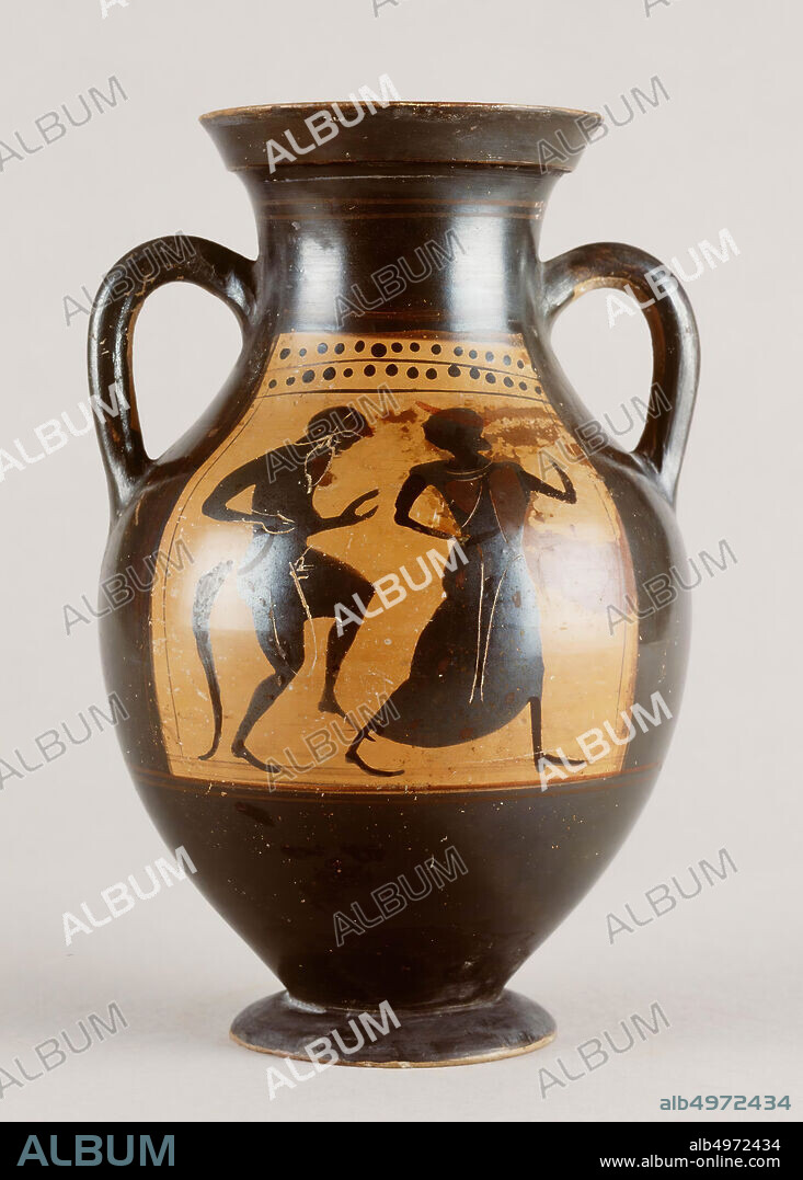 Attic black-figure miniature panathenaeic amphora or amphora type B. Decoration of A. Athena Promachos and B. satyr and maenad. Dot-ivy group. Attic black-figurative miniature panathenaic amphora or amphora type B. Panels reserved for A and B with performances. Panel on A surrounded by lotus buds hanging downwards. Panel on B surrounded by double row dots between black lines. A :, vase, amphora, type B, pottery, blackfine, Attic, 22.8 cm, blackfine, Attic, Dot-ivy Group 520-510 BC, Italy, Greece.