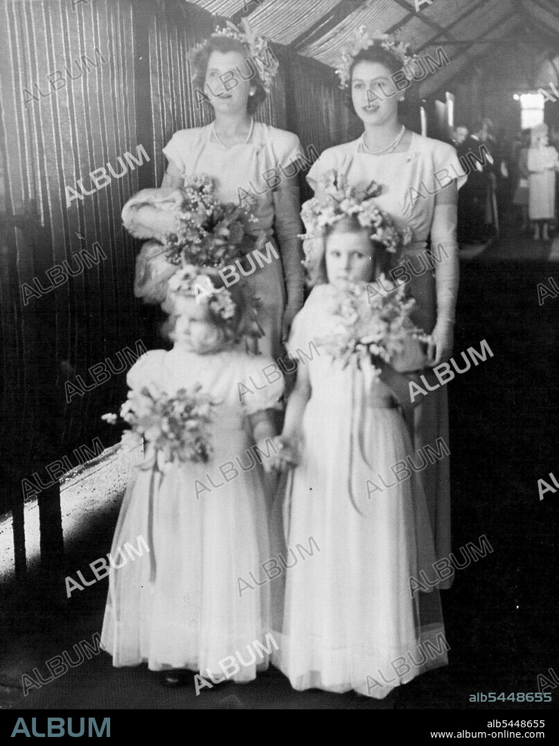 Princess Elizabeth Bridesmaid to Her Lady-in-Waiting - The bridal attendants at St. Margaret's this afternoon (Wednesday). Princess Elizabeth is near, right, and beside her is the Hon. Rosemary Elphinstone, sister of the Bridegroom. Princess Elizabeth, in a long-skirted dress of cream, with a short white fur *****, was one of the bridesmaids at St. Margaret's, Westminster, this afternoon (Wednesday) when her lady-in-waiting, the Hon. Mrs. Vicary Gibbs, was married to Capt. the Hon Andrew Elphinstone, a nephew of the Queen. Their Majesties the King and Queen, Her Majesty Queen Mary and Princess Margaret attended the wedding. May 29, 1946.