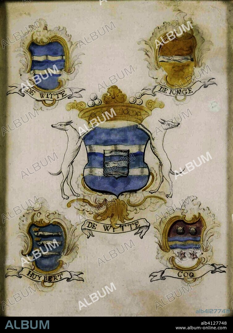 The coat of arms of Jacob de Witte, father of Laurens Jacobsz de Witte, with the arms of his four grandparents. Dating: 1750 - 1799. Place: Northern Netherlands. Measurements: h 22 cm × w 16.5 cm; d 3.2 cm.