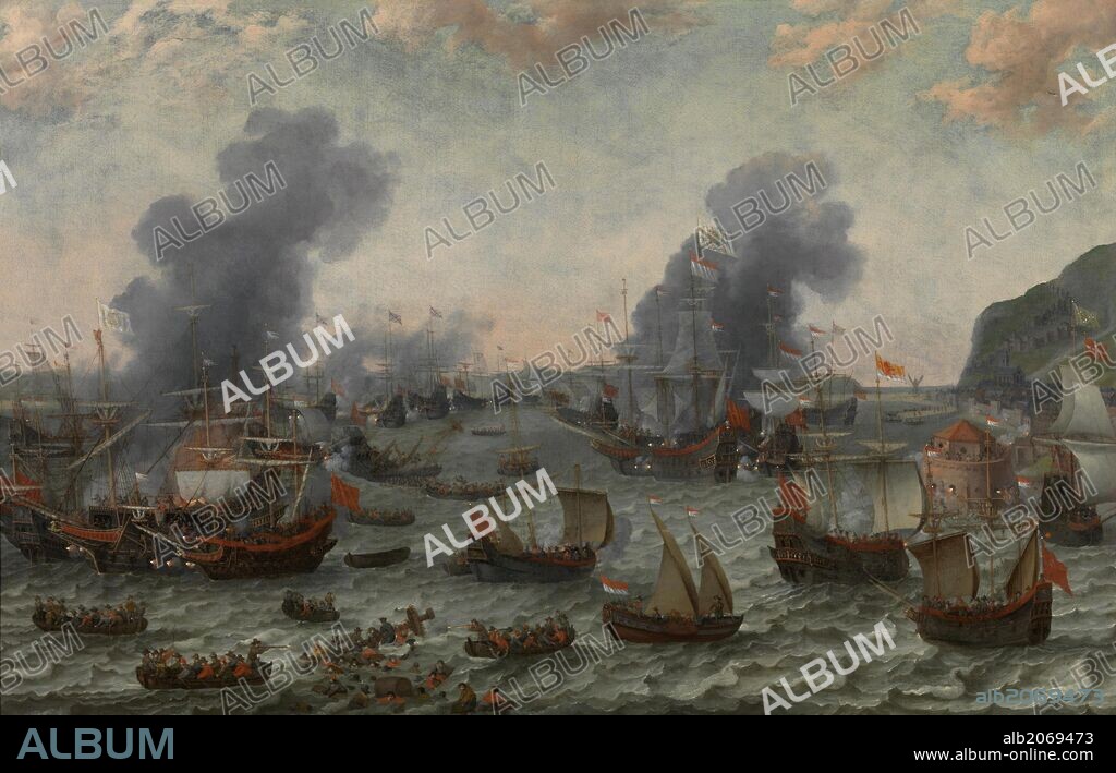 Adam Willaerts / 'La Batalla de Gibraltar, 25 de abril 1607', Hacia 1617, Escuela Holandesa, Óleo sobre Lienzo, 78,3 cm x 121,5 cm, P07758.