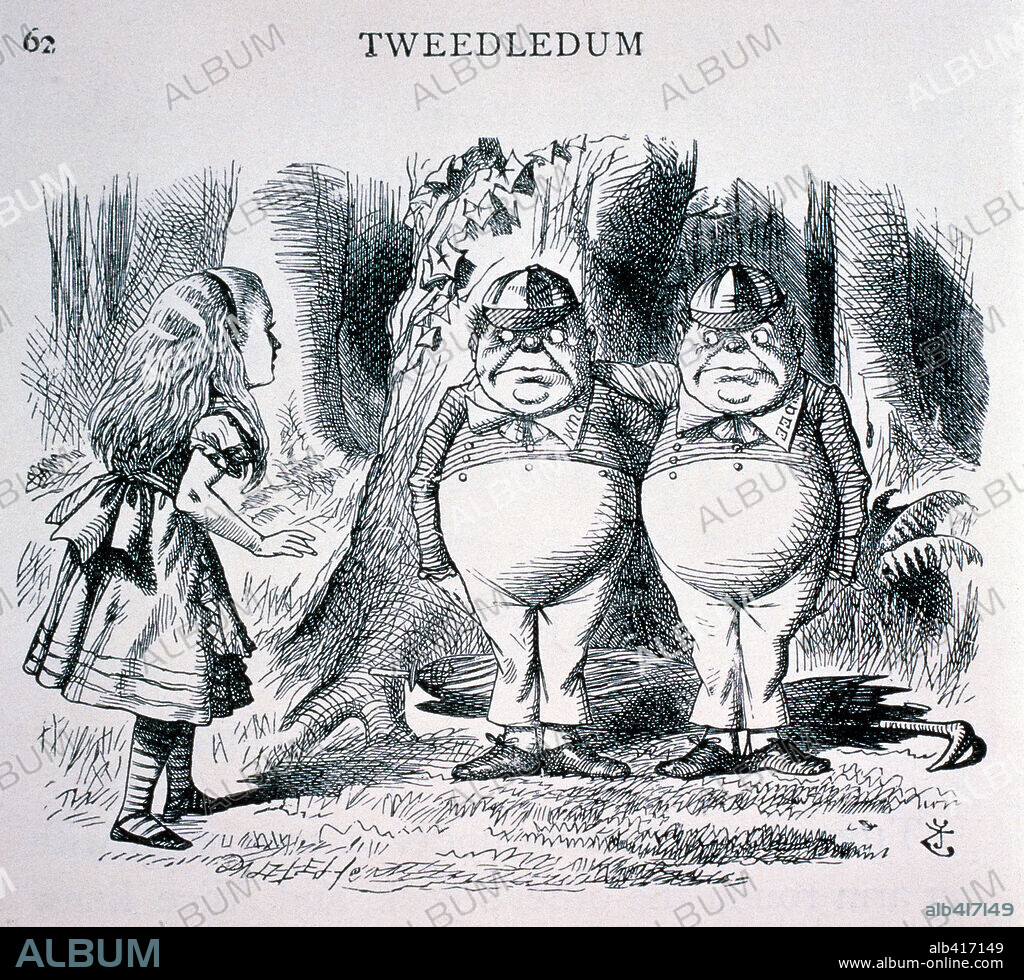 Alice withTweedledum and Tweedledee. Ilustration by by John Tenniel 1871, From the book "Alice in Though the Looking Glass"by Lewis Carroll.