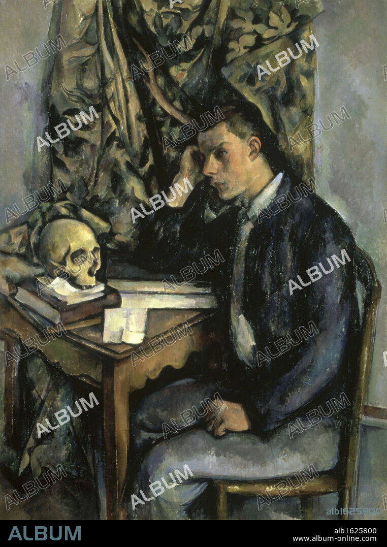 PAUL CÉZANNE. Boy with Skull  (Jeune Homme a la Tete de Morte)  1896-1898  Paul Cezanne (1839-1906 French)  Oil on Canvas  Barnes Foundation, Merion, Pennsylvania, USA.