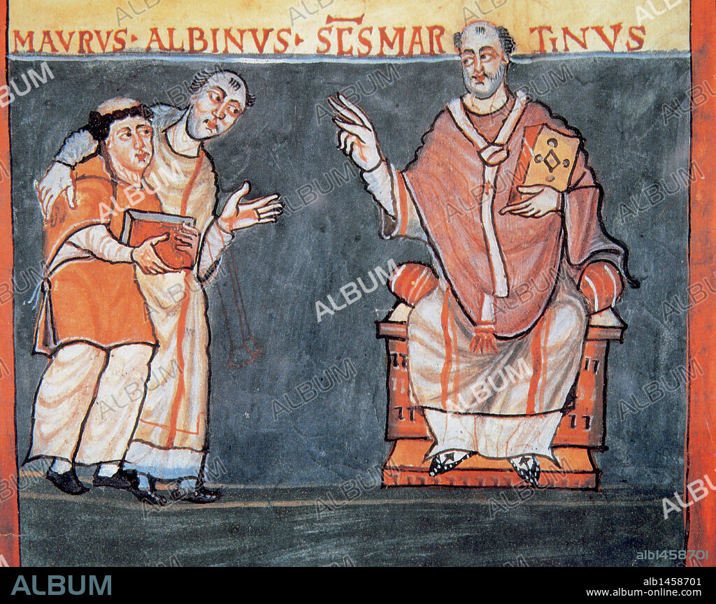 ALCUINO DE YORK (h.735-804). Monje, teólogo y filósofo anglosajón. Fundador de la Escuela Palatina. "ALCUINO PRESENTA A SAN MARTIN A SU DISCIPULO RABANO MAURO". Miniatura "De Laude Sanctae Crucis" (h.850). Folio 2v. Biblioteca Apostólica Vaticana.