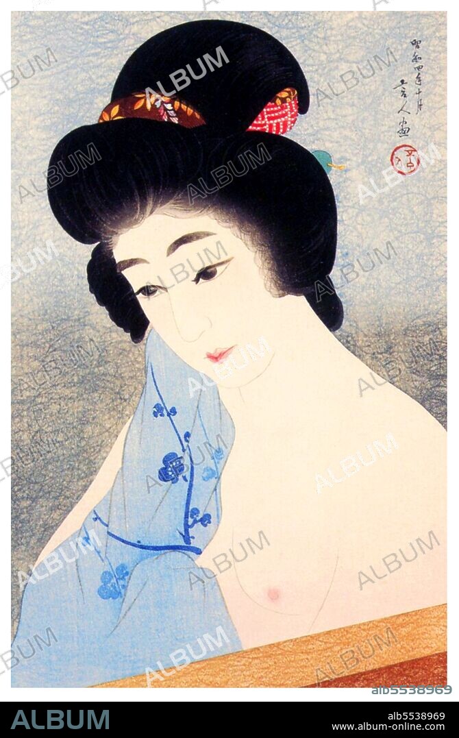 Torii Kotondo is known to have made only 21 prints - all of them images of bijin or beautiful women. They belong to the finest works of art of the Shin Hanga movement. Shin hanga ('new prints') was an art movement in early 20th-century Japan, during the Taisho and Showa periods, that revitalized traditional ukiyo-e art rooted in the Edo and Meiji periods (17th–19th century). The movement flourished from around 1915 to 1942, though it resumed briefly from 1946 through the 1950s. Inspired by European Impressionism, the artists incorporated Western elements such as the effects of light and the expression of individual moods, but focused on strictly traditional themes of landscapes (fukeiga), famous places (meisho), beautiful women (bijinga), kabuki actors (yakusha-e), and birds and flowers (kachoga).