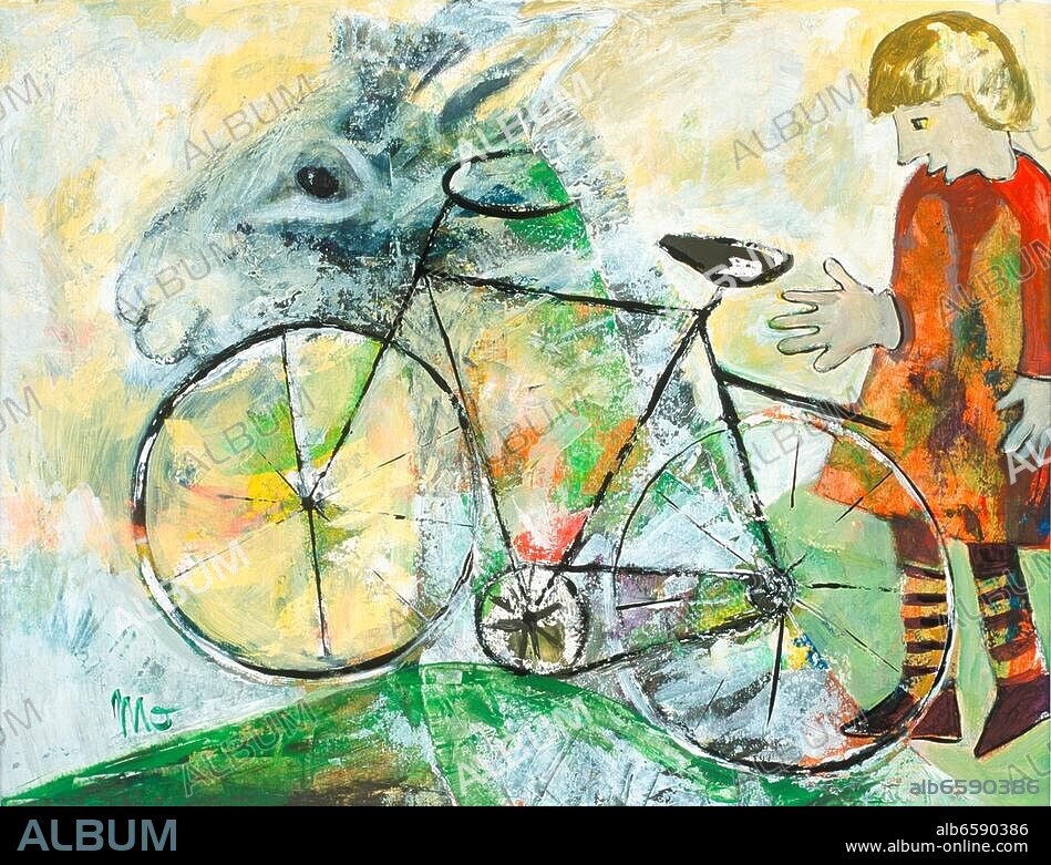 >Fahrrad. Gemälde (2005 von Monika Gerdes) zu dem Gedicht von Martin Endler: >Fahrrad / alter Drahtesel / kracht bald zusammen. / Ich wünsche mir ein / Mountainbike!. Aus einer Serie von 30 Bilde.