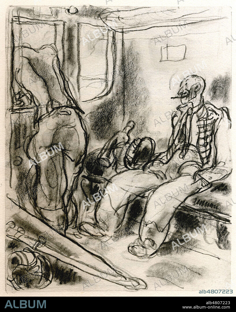 Le brigadier La Guillaumette et Croquebol dans le wagon du train. Illustration de 1931 par Gus BOFA (1883-1968) pour Le Train de 8 heures 47 de COURTELINE (1858-1929). ADAGP. Credit : Collection Jonas/Kharbine-Tapabor.