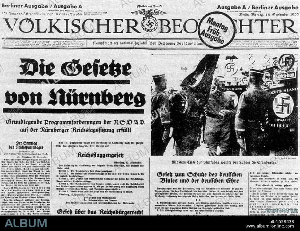 Front page of National Socialist newspaper 'Voelkischer Beobachter' from 16 September 1935 with the publication of the Nuremberg Laws (race laws).