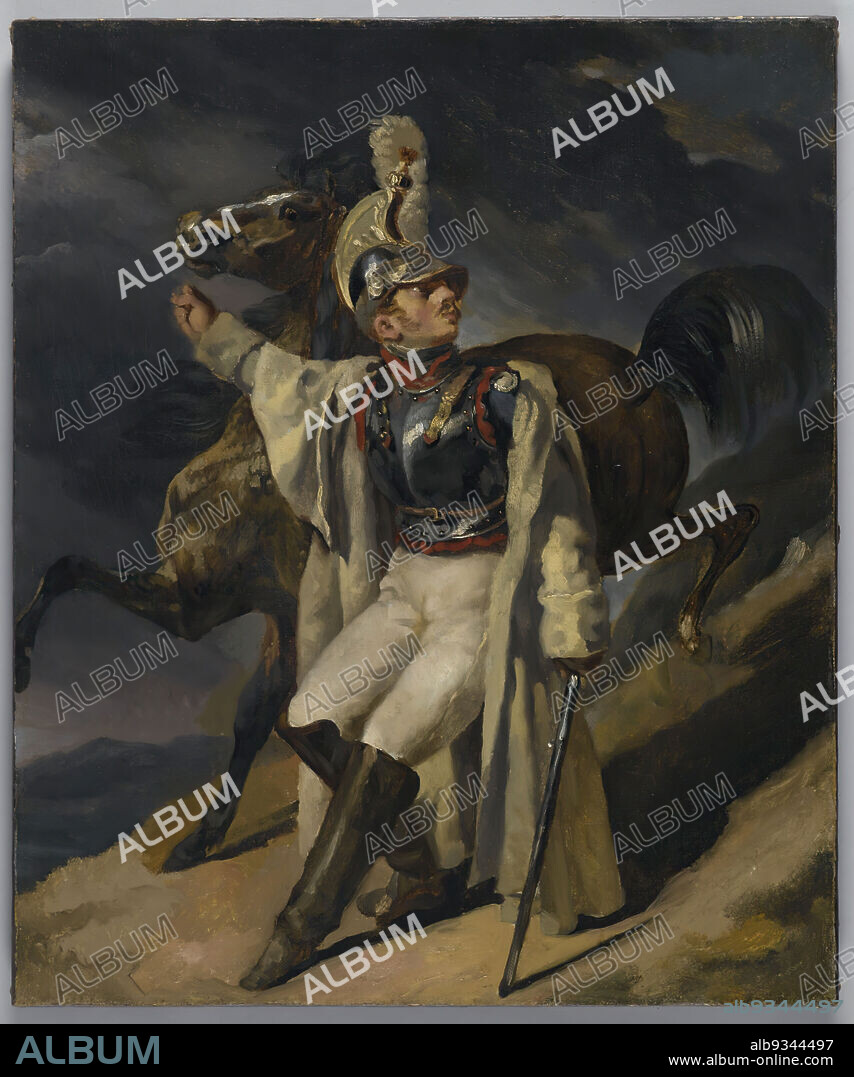 The Wounded Cuirassier, study, Le Cuirassier blessé quittant le feu, esquisse, Théodore Géricault, French, 1791-1829, Oil on canvas, Europe, 1814, 21 3/4 x 18 1/8 in., 55.2 x 46 cm, 19thC, battle, boots, cuirass, downhill, feather, helmet, hill, horse, leading horse, Louvre, military, motion, night, oil, oil painting, panache, reins, sketch, soldier, storm, stormy, sword, uniform, war, wound, x-ray.