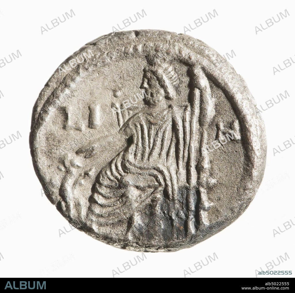 Front: Hadrian, right, honored. Greek inscription: HADRIANUS. Lower left damaged. Reverse: Hades Serapis, crowned, dressed, left, staff in left hand, reaches Cerberus with a right hand. Greek inscription: left of figure: LI, right: H., coin, tetradrachm of Hadrian, metal, silver, trillion, diam: 2,5 cm, wt. 12.33 grams, 117-138 AD, unknown.