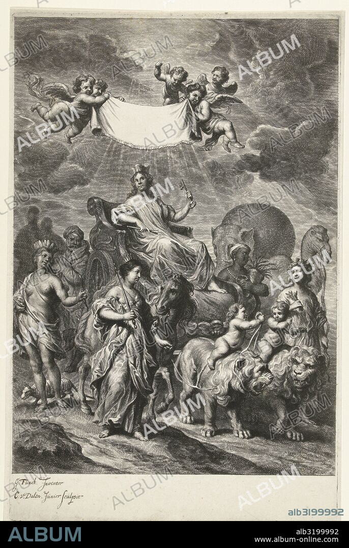 Female personification of Geography on chariot and continents America, Africa, Asia and Europe, Cornelis van Dalen II, 1648-1664.