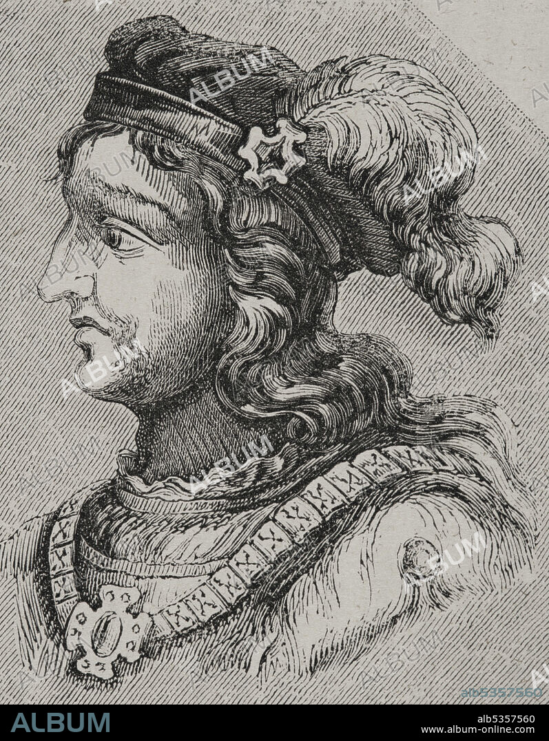 Gesaleico (m. 511). Rey visigodo entre los años 507 y 510. Protagoniza la retirada a Hispania tras la derrota frente a los francos en Vouillé. Retrato. Grabado. Las Glorias Nacionales. Tomo II, edición Madrid-Barcelona, 1853.