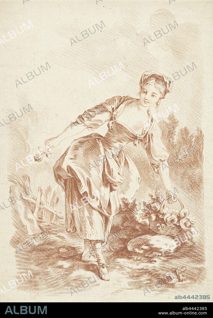 Young woman with flower basket, old man, cut flowers, nosegay, bunch of flowers, Gilles Demarteau (mentioned on object), 1732 - 1776, paper, etching, h 295 mm × w 211 mm.