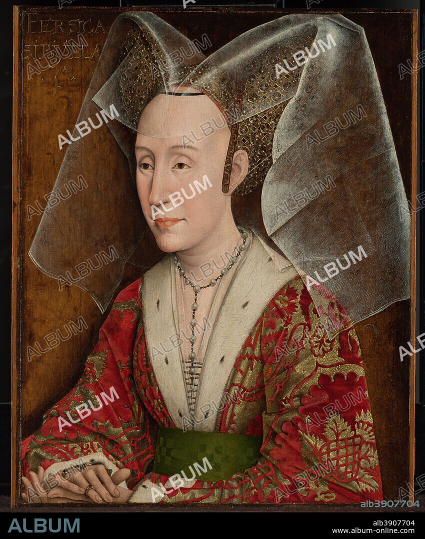 WORKSHOP OF ROGIER VAN DER WEYDEN. Portrait of Isabella of Portugal. Date/Period: Ca. 1450; later additions ca. 1500. Painting. Oil on panel. Height: 460 mm (18.11 in); Width: 371 mm (14.60 in).